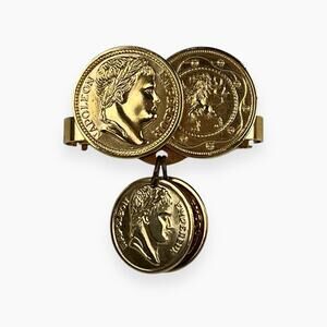 Sarah Coventry Scarf Clip Keeper Faux Roman Coins Napoleon Gold Tone Dangle Vtg